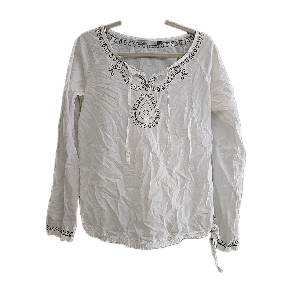 Prana White Embroidered‎ Tie Neck Long Sleeve Hippie Boho Top Womans Size XL